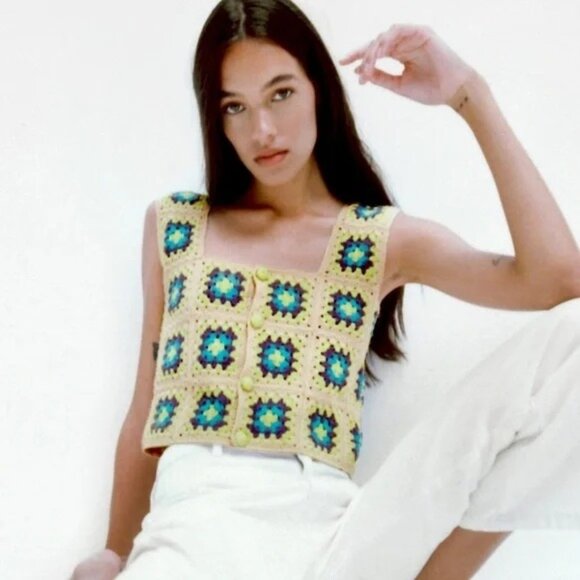 Zara Crochet Granny Square Vest Knit Top Sleeveless Boho Style -S - Picture 1 of 9